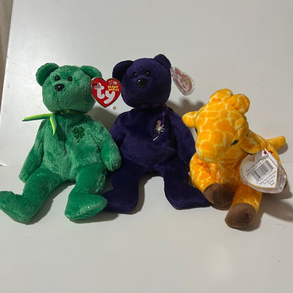Ty Beanie Babies Lot Dublin Bear Princess Diana Bear Twigs Giraffe Set of 3 90s